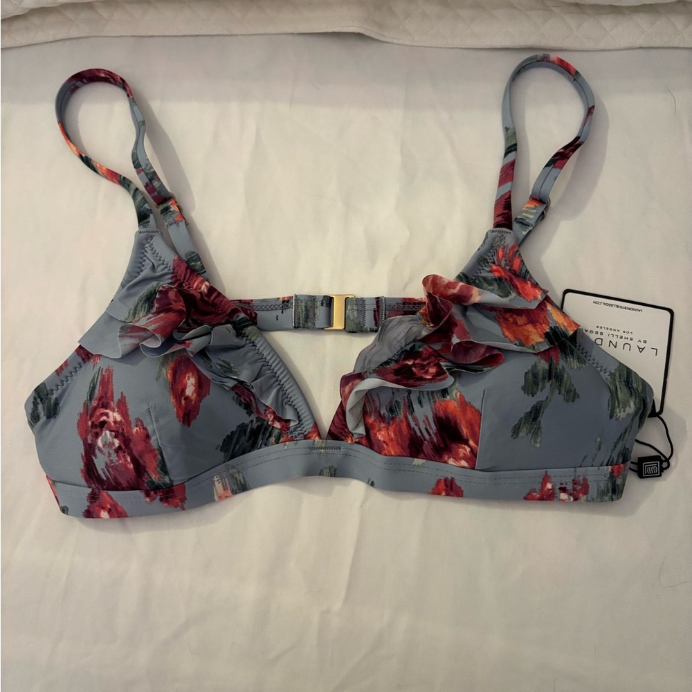Laundry By Shelli Segal Floral Ruffle Bralette in Light Blue with Red Accents